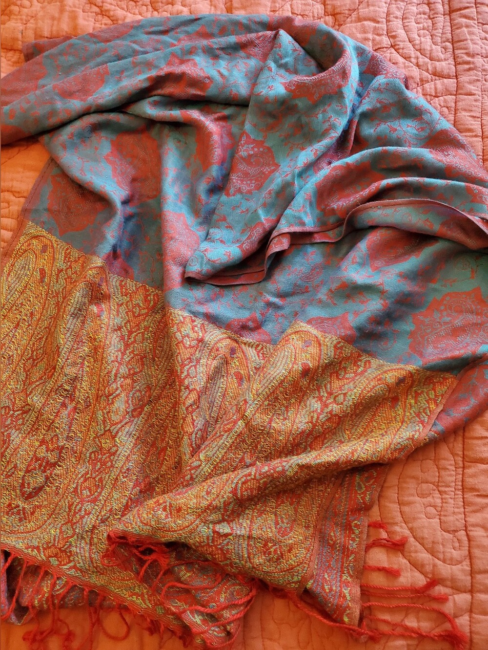 pashmina Bright Blue and Coral Paisley Wrap with Gold And Red Accents